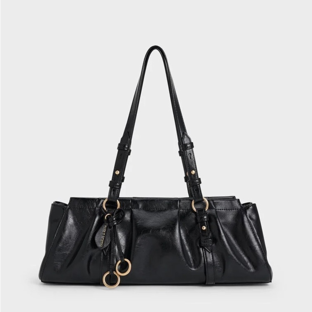 Charles & Keith Britton Ruched Elongated Shoulder Bag Black